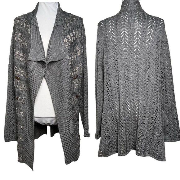 COLDWATER CREEK Gray Waterfall Cardigan Open Wool Chunky Sweater WOMENS Lg - Picture 1 of 10